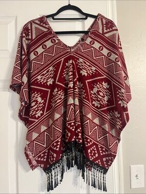 Red & Gray Aztec-Pattern Poncho Sweater with Fringe